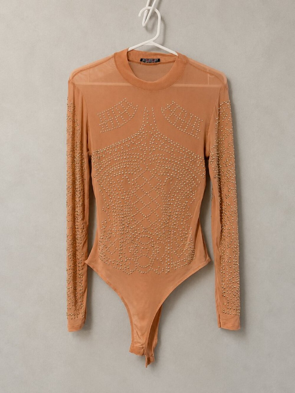 Nude Sheer Rhinestone Long Sleeve Bodysuit OS